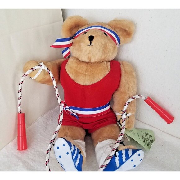 Athlete bear jump rope‎ 16" Plush Dolly Aumiller Jane 1985 honey hill red white - Picture 3 of 12
